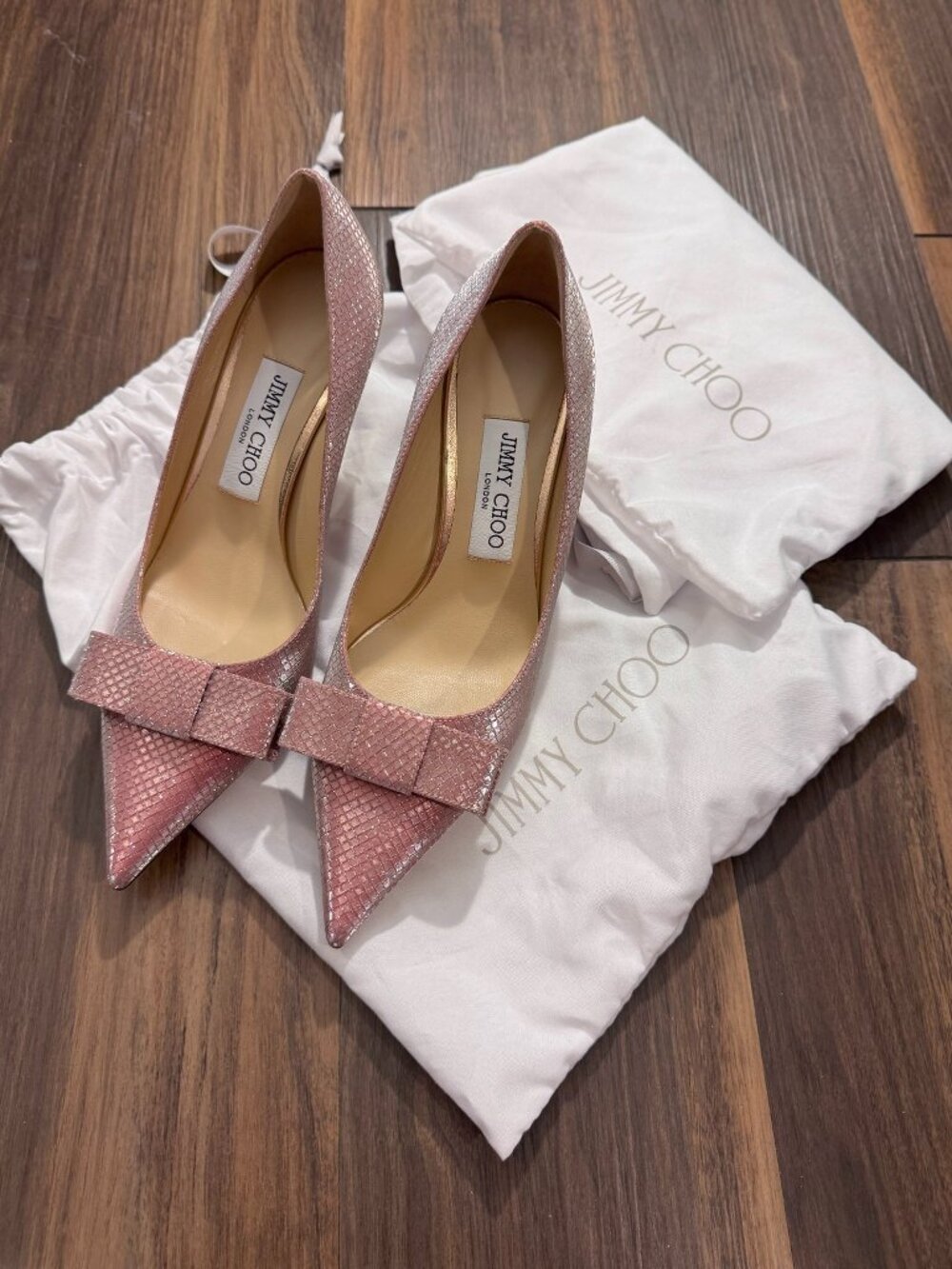 Jimmy Choo Love/Bow Rose Gold Glitter Kitten Heel Pump